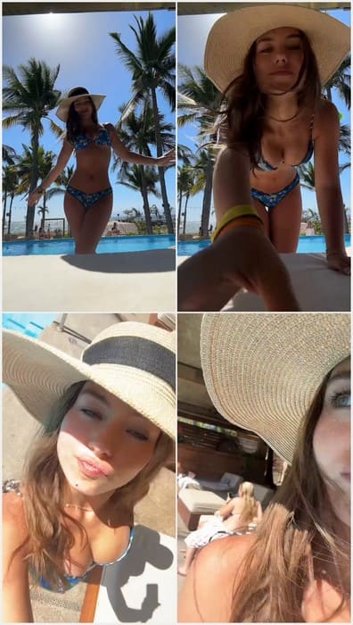 Caitlin Carmichael ass and tits in sexy bikini posing and showing amazing body on the public pool. Hot girl!