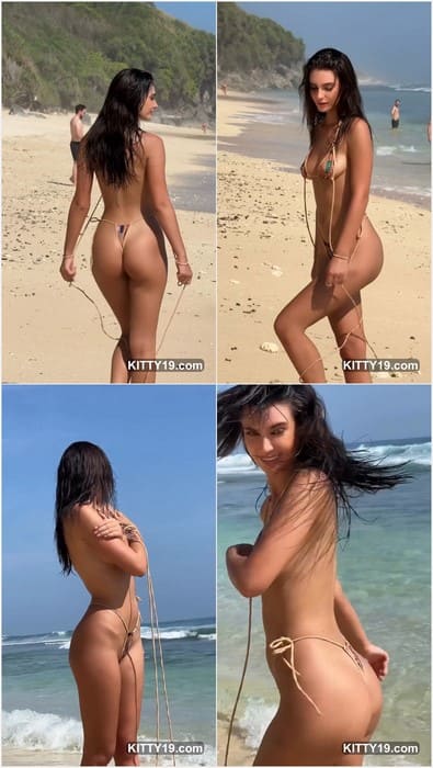 Lenniiez topless brunette girl in small bikini walking on the beach with her pretty pussy and tits! Pretty nips so hard and amazing!